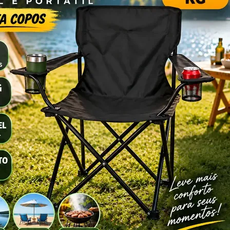 Cadeira Camping Dobrável 130kg Com Duplo Porta Copos Portátil Apoio De Braços Para Pesca Praia Jardim