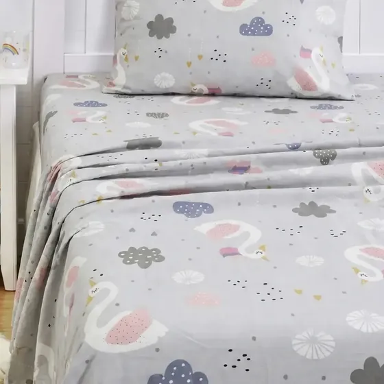 Sabanas Infantil Diseno Swan 1.5 Plazas 144 Hilos Suaves Niños Niñas Ajuste Perfecto Algodon Poliester