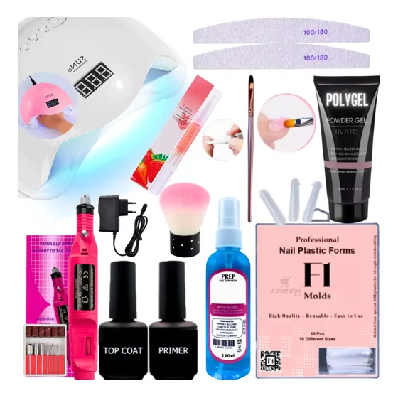 Kit De Unhas Polygel Pincel Prep Top Coat Molde F1 Completo