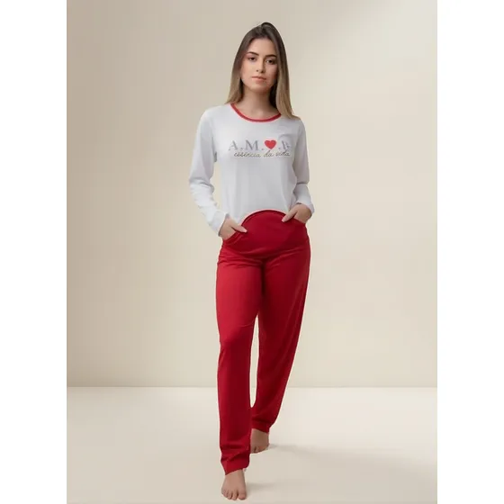Pijama Feminino Manga Longa Com Bolso Canguru Estampado