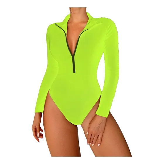 Traje De Baño Entero Mujer Shein, Tiro Medio, Manga Larga