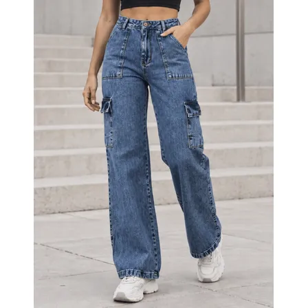 Calça Cargo Wide Leg Jeans Feminina Cintura Alta Bolsos Jeans Claro Liso 42