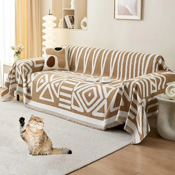 Manta Cubresofá Frazada Premium De Living Dormitorio Sillon Cafe Claro Con Rayas