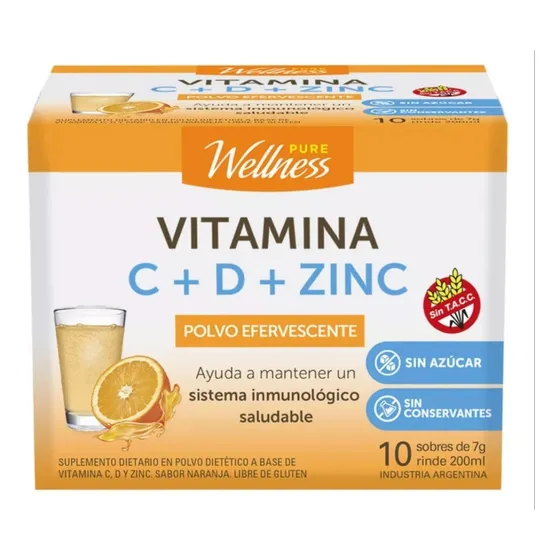 Suplemento Pure Wellness Vitaminas C + D + Zinc X 10 Sobres Sabor Naranja