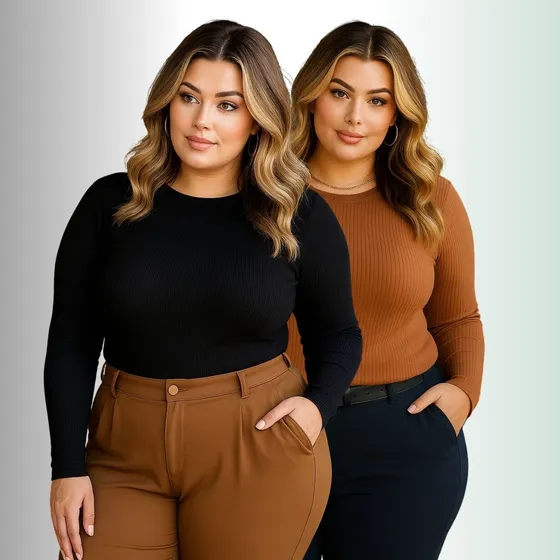Kit 2 Blusa Plus Size Feminina Manga Longa Canelada Frio