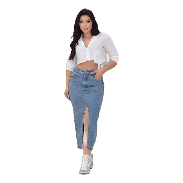Saia Jeans Feminina Longa Midi Evangélica Cintura Alta Saia Jeans Feminina Longa Midi Evangélica Cintura Alta