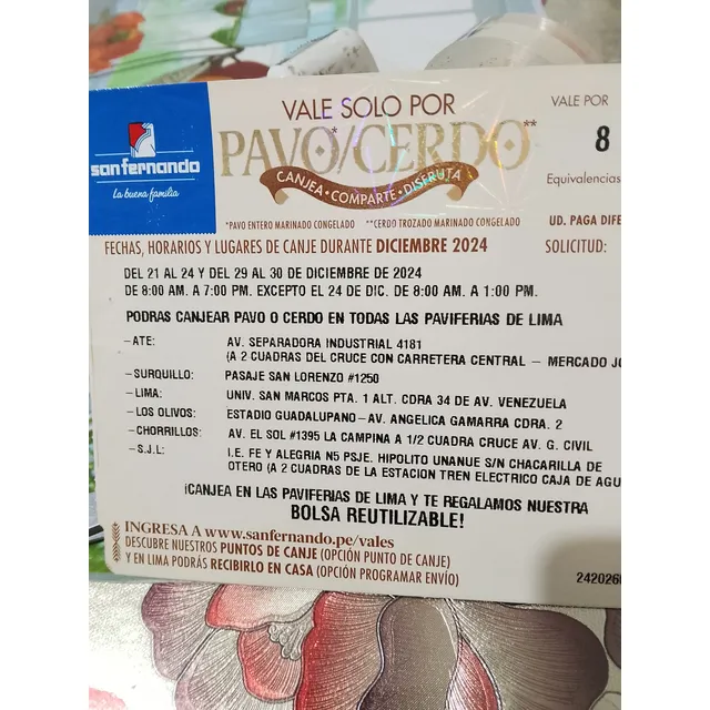 Vendo Vale De Pavo San Fernando X 8 Kilos