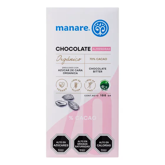 Chocolate Con Almendras 70% Cacao Orgánico 100g - Manare