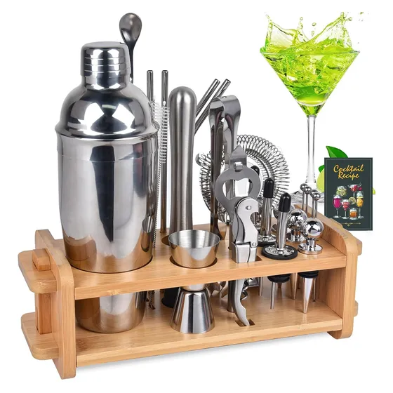 Kit Bartender De Acero Inoxidable Con Soporte De Bambú