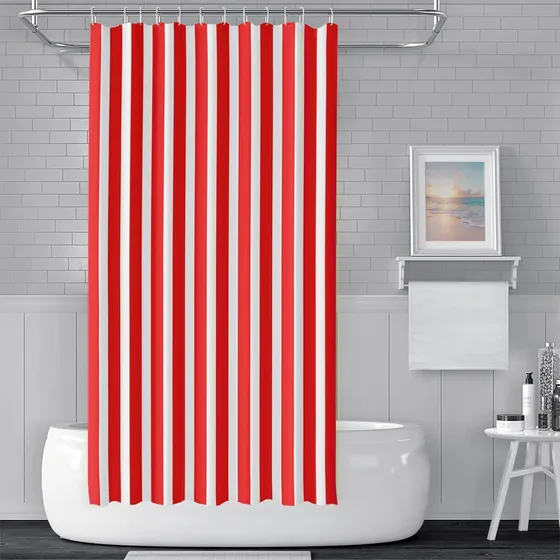 Cortina Ducha Raya Vertical Blanca Roja Elegante Baño
