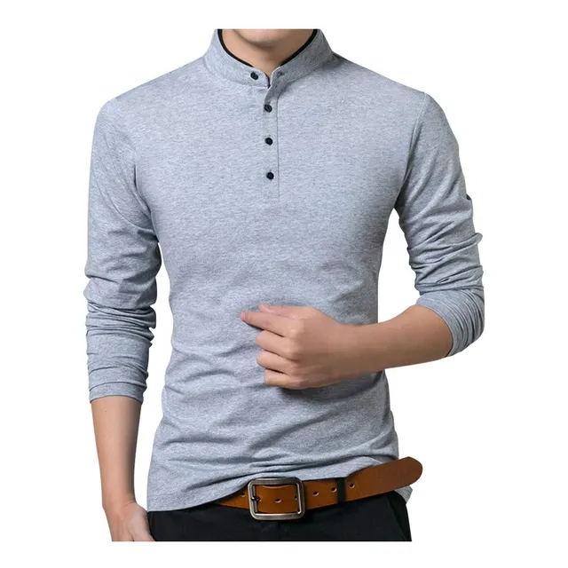 Camiseta Manga Larga Cuello Alto Para Hombre Blusa Gris