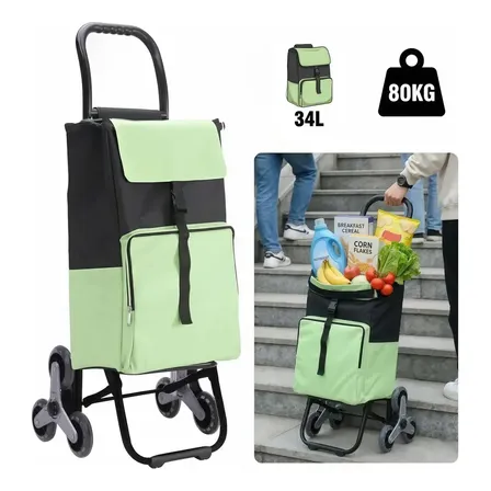 Carrinho De Compras Dobrável Sobe Escada Com Bolsa Térmica Frontal Rodas Triplas Feira Supermercado Reforçado Em Aço Oxford 600D Resistente 34 Litros Verde