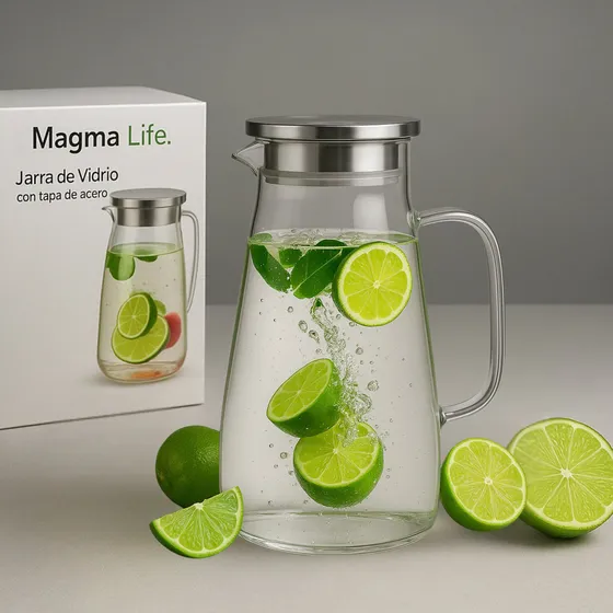 Jarra de vidrio borosilicato 1.8 litros con tapa de acero inoxidable Magma Life resistente a calor y frío ideal para agua té jugo limonada bebidas calientes o frías sin goteo