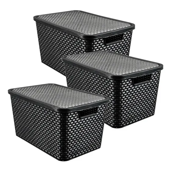 Caixas Organizadora Rattan 7 Litros C/ Tampa Preta Kit 3 Pçs Arqplast