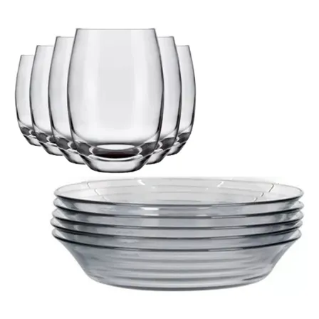 Jogo De 6 Pratos E 6 Copos Vidro Elegante Buffet Restaurante Transparente Liso