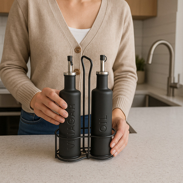 Galheteiro Nero De Vidro Com Suporte Porta Azeite E Vinagre Galheteiro Nero De Vidro Com Suporte Porta Azeite E Vinagre