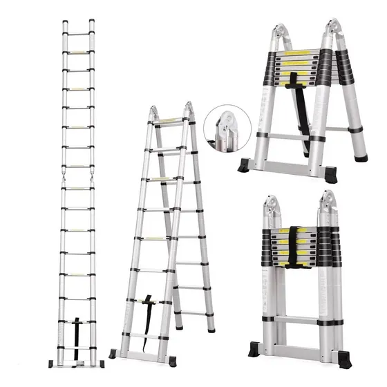 Escalera Telescopica Modo Tijera 5m Facil De Guardar Acero Color Plateado