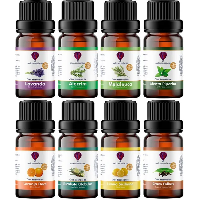 Óleo essencial Balão Das Essências Kit 8 Oleos Essenciais 100% Puros Natural LAVANDA MELALEUCA MENTA PIPERITA ALECRIM LARANJA DOCE EUCALIPTO CRAVO FOLHAS LIMÃO SICILIANO 10mL - 8 kits do 8 unidades