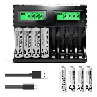 Niuhoty- Cargador De Batería Con Visualización Lcd, Cargador Nimh De 1,2v Para 8pilas Aa/aaa,incluye 8 Pilas Aa