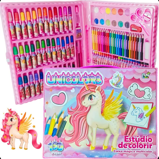Kit ManoThor Escolar Menina Maleta Pintura 150 Peças Mundo Dos Unicórnios Canetinhas Hidrográficas Jumbo Lápis De Cor Giz De Cera Tinta Aquarela Cola Apontador Tesoura Régua Pincel Clips Colorir