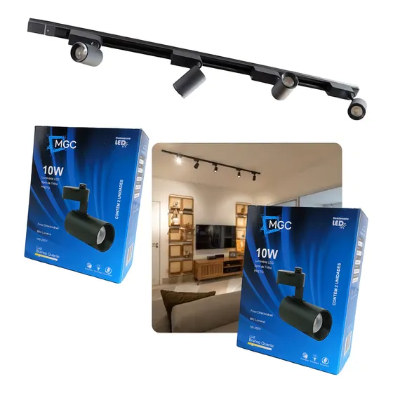 Kit Com Trilho Eletrificado De 1 Metro Preto + 4 Spots Led 10w Preto 127/220v Cor Da Luz Branco Quente 3000k Iluminação Residencial Comercial Luz Amarela Direcional