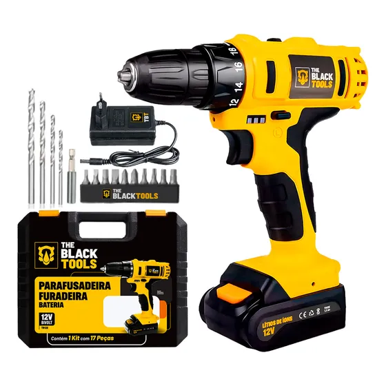 Parafusadeira E Furadeira Sem Fio Bateria 12v 127/220V 3/8 10mm Com Maleta E Acessorios The Black Tools