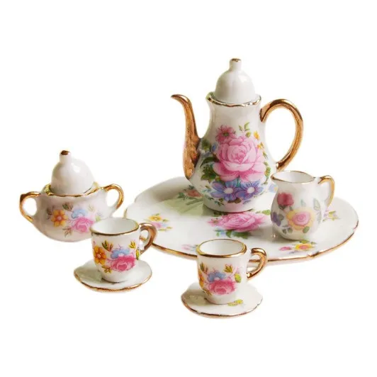 [convenience]8pcs Porcelain Teapot Set Floral Dolls House