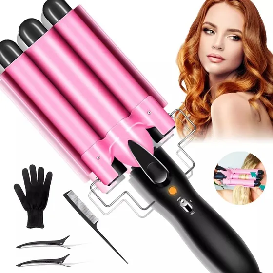 Rizadora Para Cabello - Waflera Para Cabello de Tres Cilindros de 25 mm Con Temperatura Ajustable y Calentamiento Rápido, Tenazas Para Rizar Cabello Para Uso Doméstico Viajes Cortos (Rosa)