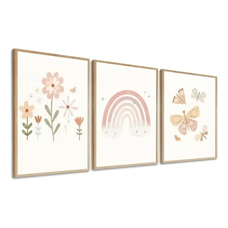 Quadros Decorativo Menina Baby Boho Rosa Flores Quarto Bebe Flores 60x40cm