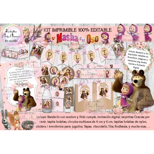Kit Imprimible Candy Bar Masha Y El Oso Shabby 100% Editable