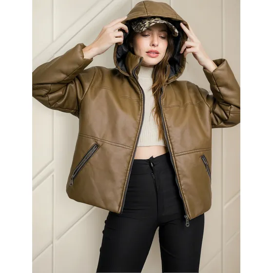 Campera Puffer Importada Mujer Benka Anelka Cuerina Capucha