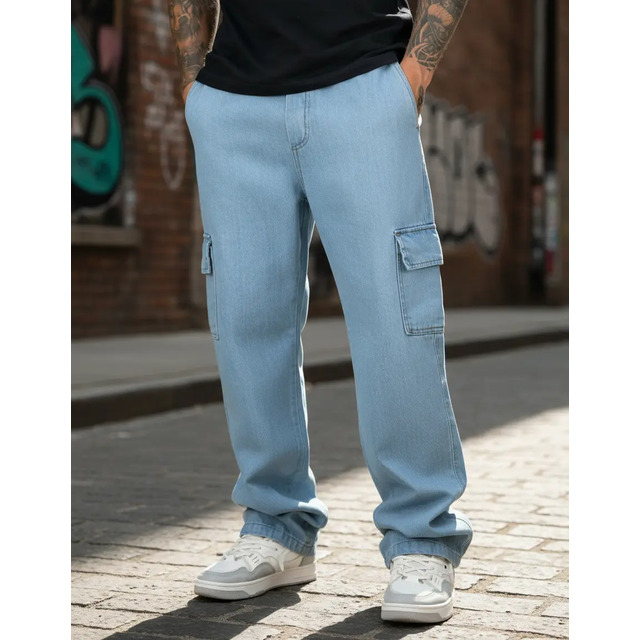 Calça Cargo Jeans Masculina Larga Com 5 Bolsos Estilo Skate Calça Cargo Jeans Masculina Larga Com 5 Bolsos Estilo Skate