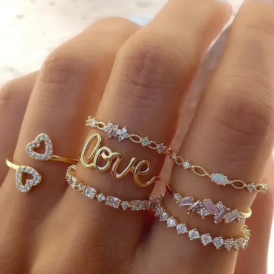 Anel Com Diamantes Conjunto 7 Peças Dourado 5-6 — foto 2
