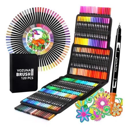 Conjunto Canetas 120 Cores Pasta Zíper Para Livros Colorir Preto