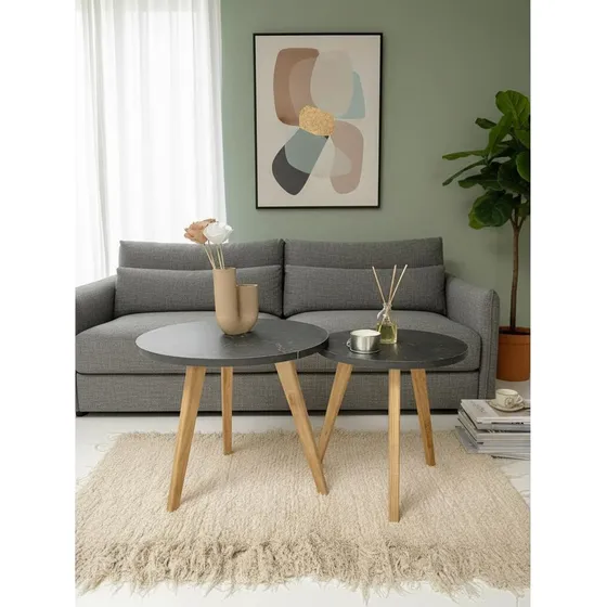 Set Mesas Nórdicas X2melamina Simil Marmol+ Patas De Madera Simil Marmol Negro