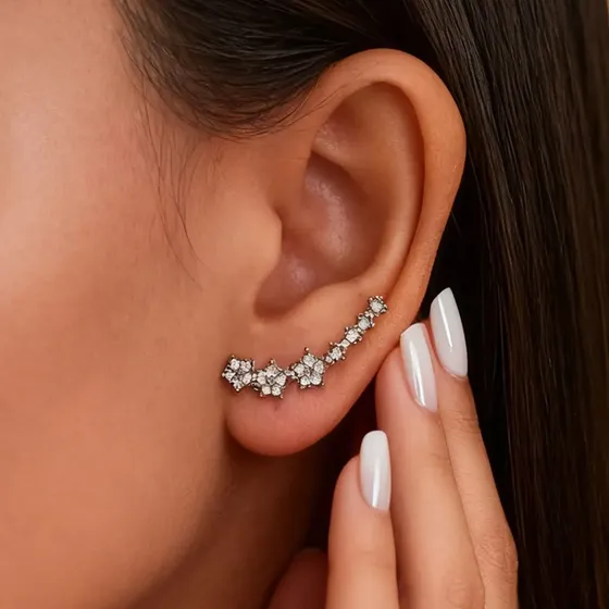 Brinco Ear Cuff Flores Estrelas Strass Feminino Prateado — foto 2