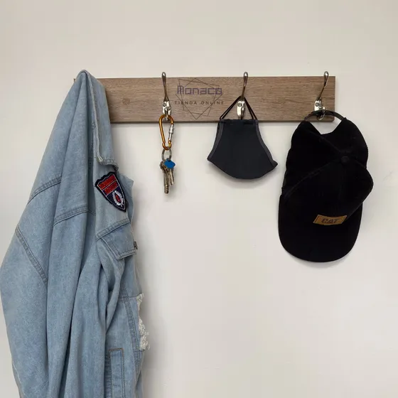 Perchero De Pared En Madera, Cuatro Ganchos Doble