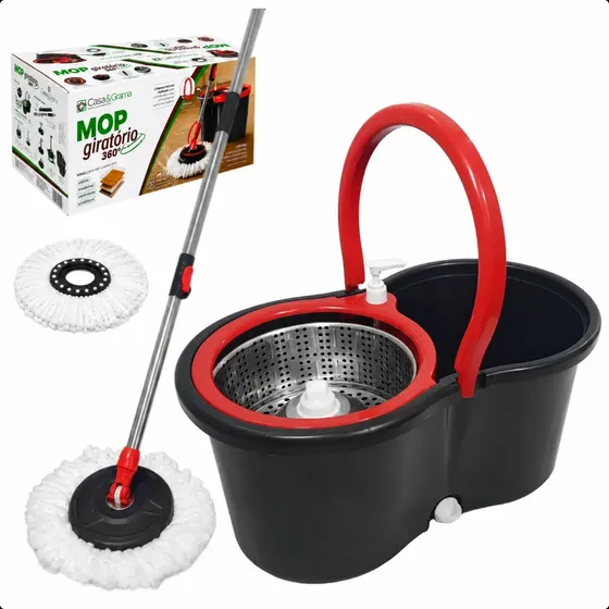 Mop Giratório 360 Balde 14L Cesto Inox Cabo 140cm Ajustavel 2 Refis Casa&Grama