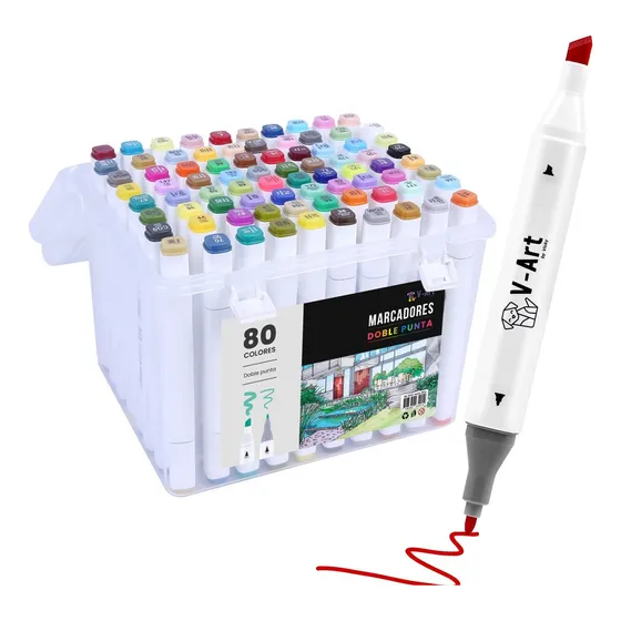 Marcadores Doble Punta Fibra Resaltador Profesional X 80 Colores Marca V-Art