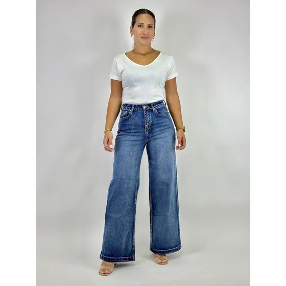 Jean Wide Leg Azul Localizado Licra Dama - Lou Jeans