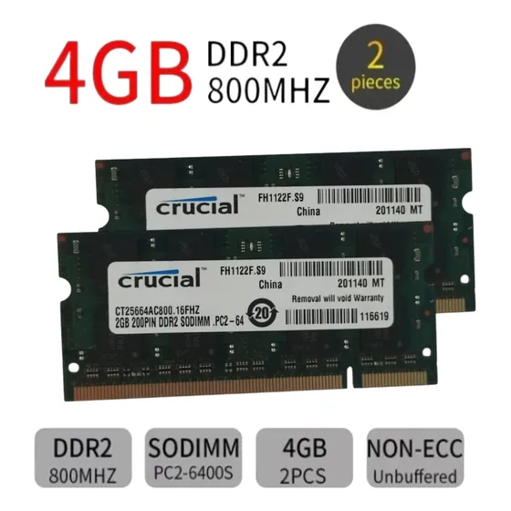 Memoria Ram Laptop 4 Gb (2x2gb) Ddr2 Pc2-6400/800mhz 200 Pin