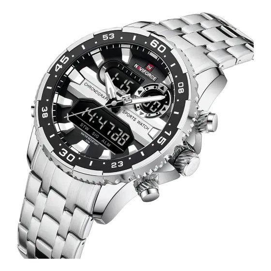 Reloj Naviforce 9234 Para Hombre Elegante De Lujo Correa Plateado Bisel Negro