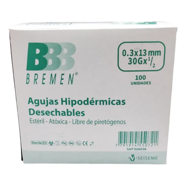 Aguja HiPodérmica Estéril Bremen 30g X 1/2 - X100 Unidades