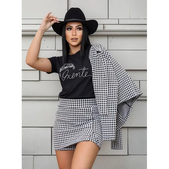 Conjunto Feminino Blazer Cropped E Short Saia Xadrez Chique