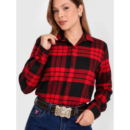 Camisa Xadrez Feminina Manga Longa Flanelada Country Inverno Vermelho Xadrez Gg