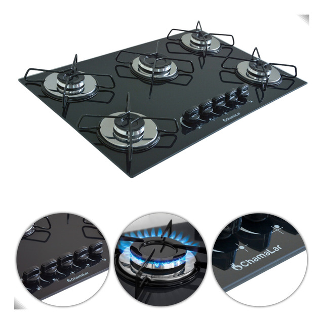 Fogão Cooktop 5 Bocas Ultra Chama Gás Glp Mesa De Vidro Preto Queimador Rápido Acendimento... Fogão Cooktop 5 Bocas Ultra Chama Gás Glp Mesa De Vidro Preto Queimador Rápido Acendimento...
