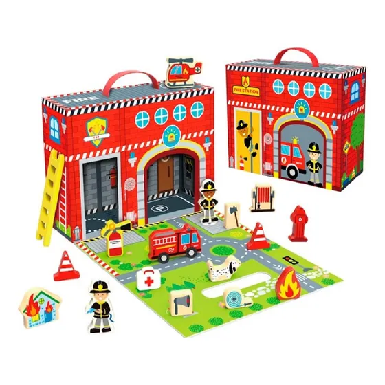 Tooky Toy Maletín Estación De Bomberos Playset Madera 18 Pz