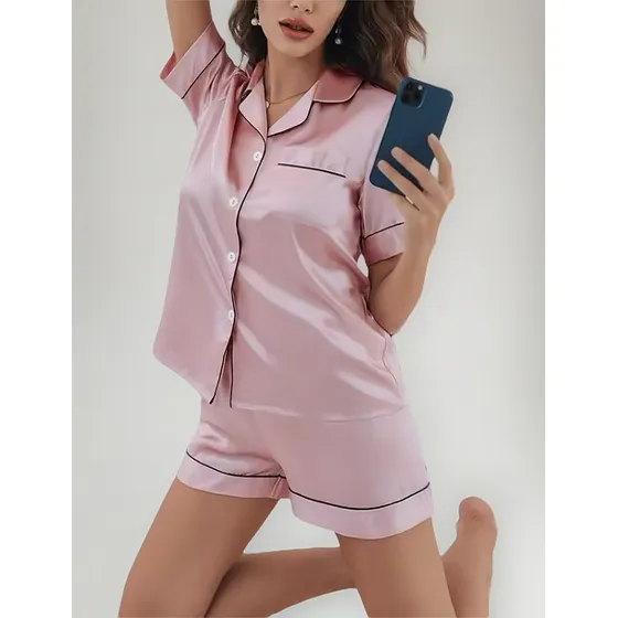 Pijama Americano De Seda Feminino Verão Blusa E Shorts Comfy
