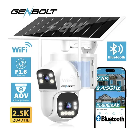 Genbolt Cámara Vigilancia WiFi Grabación 24/7 IP Solar 2K Inalámbrico Exterior Cámara Seguridad con Double Lente Impermeable Visión Nocturna Color Seguimiento Persona Camara Batería Y Inalámbrica Casa