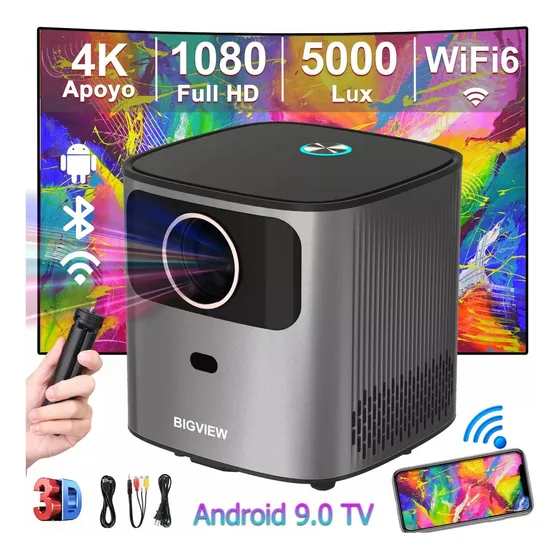 Bigview Proyector T08 Nativa 1080p 4k Fhd, Android 9.0, Dual Wifi 5.0, Proyección De 32-135 Pulgadas Color Gris